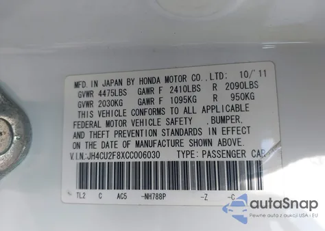 2012 Acura Tsx 2.4 from USA, damaged, VIN JH4CU2F8XCC006030